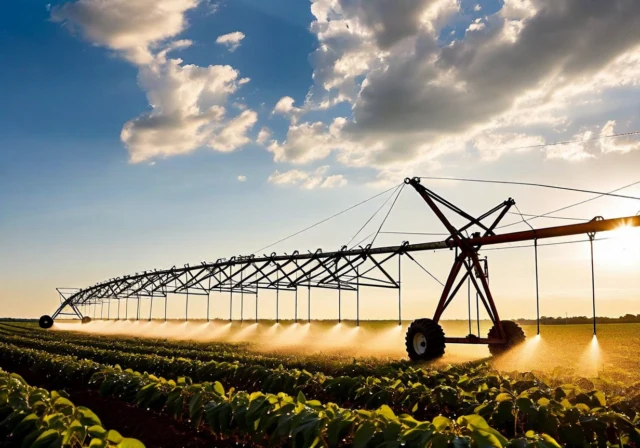 Irrigation pivot over drought-resilient cropland at dawn